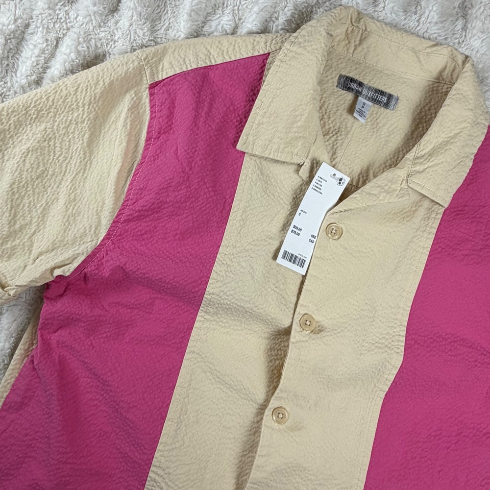 Urban Outfitters Seersucker Colorblock Camp Shirt Pink Tan S OB2013785